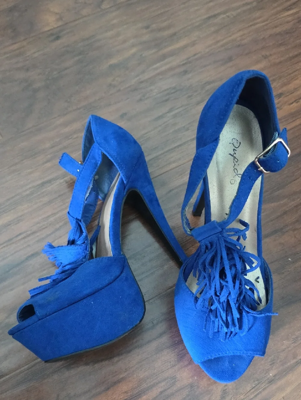 Qupid Royal Blue Suede Fringe Platform Heels
